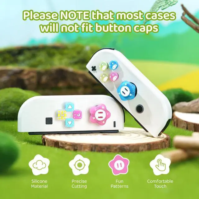 Alt view image 2 of 7 - ABXY Buttons Sticker Joystick Cover Caps, Cross D-Pad Button Caps Silicone Thumb Grips Set Compatible with Nintendo Switch/OLED Controller (Jelly Flower)