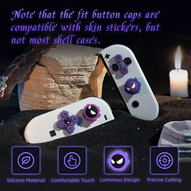 Alt view image 2 of 7 - Cross D-Pad Button Caps Luminous Silicone Thumb Grips Set, ABXY Buttons Sticker Joystick Cover Caps Compatible with Nintendo Switch/OLED Controller (Gastly)