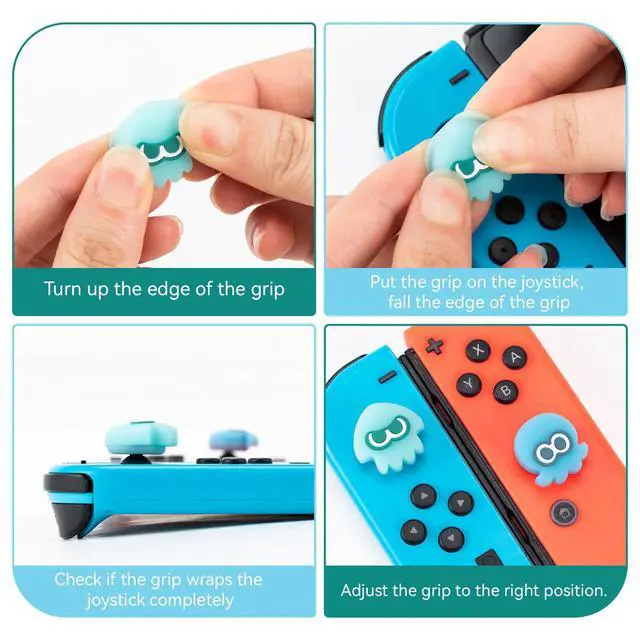 Alt view image 6 of 7 - Joycon Thumb Grip Caps Compatible with Splatoon Nintendo Switch, Soft Silicone Joystick Cover for Nintendo Switch/OLED/Lite Controller, 4PCS - Squid & Octopus (Luminous-Cyan&Green)