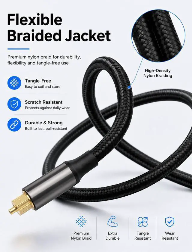 Alt view image 6 of 7 - Toslink Digital Optical Audio Cable 6.6FT, Fiber Optic Braided Cord