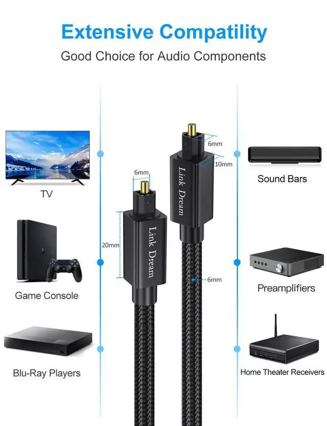 Alt view image 2 of 7 - Optical Audio Cable 6 Feet Digital Audio Optical Cable Nylon Braided Toslink Optical Cable 24 Gold-Plated for Sound Bar, TV, Home Teather, CD/DVD, PS4 & More