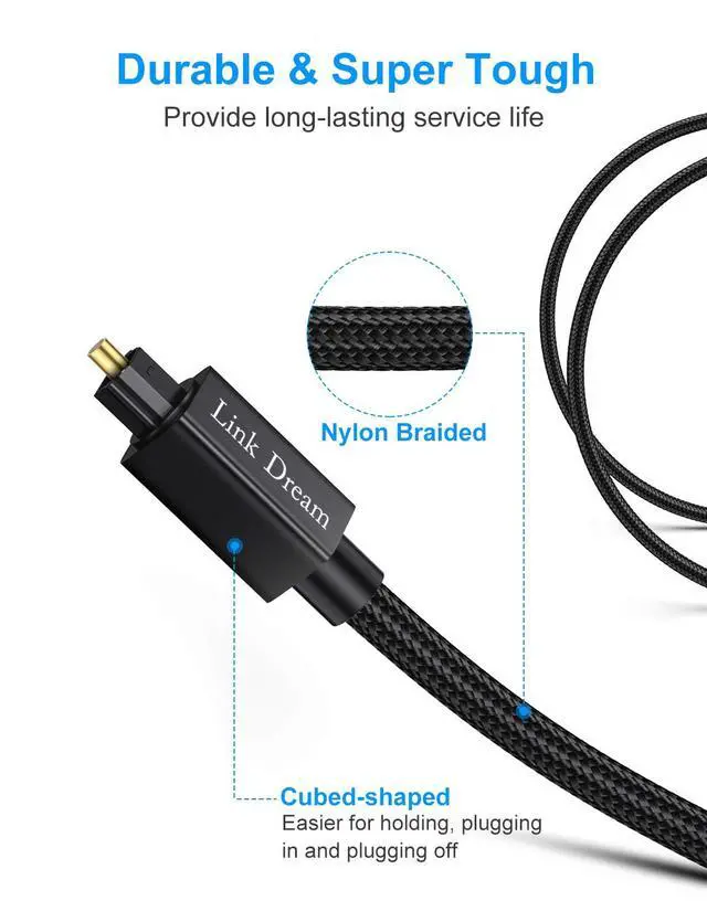 Alt view image 5 of 7 - Optical Audio Cable 6 Feet Digital Audio Optical Cable Nylon Braided Toslink Optical Cable 24 Gold-Plated for Sound Bar, TV, Home Teather, CD/DVD, PS4 & More