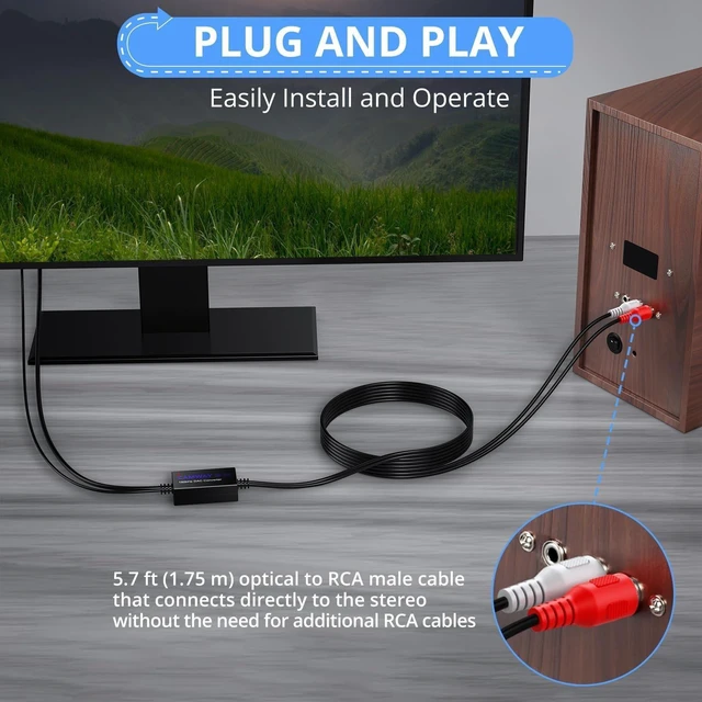 Alt view image 6 of 7 - Optical to RCA Audio Converter,5.7FT Cable,192kHz SPDIF DAC Adapter | Digital to Analog Audio Converter with Optical RCA Cable & Audio Amplifier for TV,DVD,Blu-ray,Game Console to Sound System