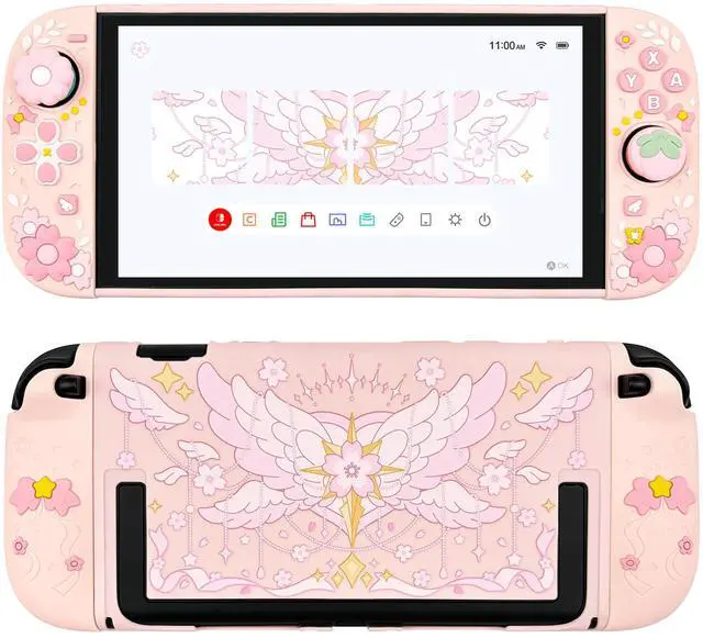 Main image of Protective Case for Nintendo Switch 2, Hard Back Shell / 2 Silicone Anti-Slip Controller Covers / 2 Joystick Caps, Cherry Blossom Design Cover, Pink