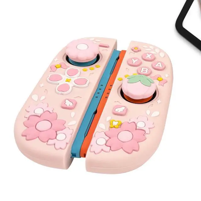 Alt view image 6 of 7 - Protective Case for Nintendo Switch 2, Hard Back Shell / 2 Silicone Anti-Slip Controller Covers / 2 Joystick Caps, Cherry Blossom Design Cover, Pink
