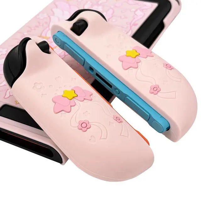 Alt view image 7 of 7 - Protective Case for Nintendo Switch 2, Hard Back Shell / 2 Silicone Anti-Slip Controller Covers / 2 Joystick Caps, Cherry Blossom Design Cover, Pink