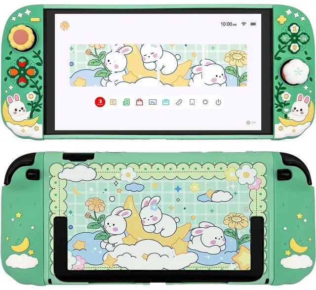 Main image of Protective Case for Nintendo Switch 2, Hard Back Shell + 2 Silicone Anti-Slip Controller Covers + 2 Joystick Caps, Rabbit and Flower Cover, Green