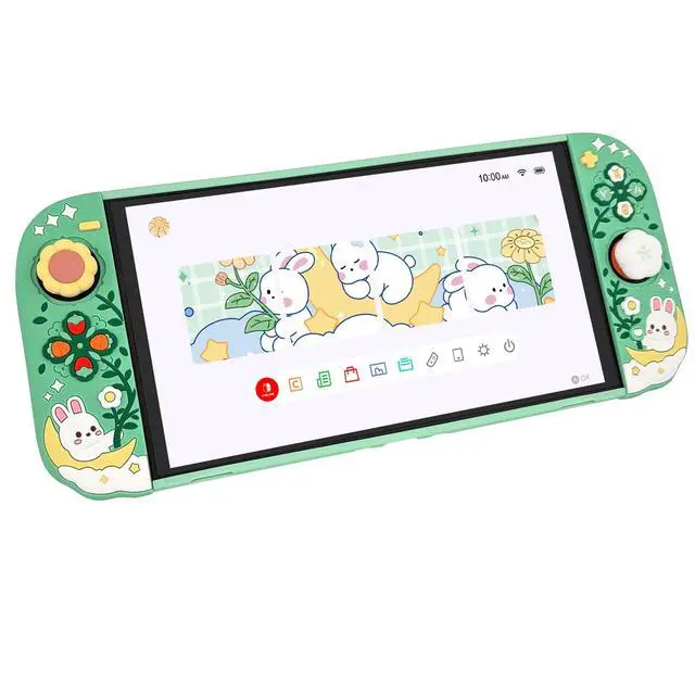 Alt view image 3 of 7 - Protective Case for Nintendo Switch 2, Hard Back Shell + 2 Silicone Anti-Slip Controller Covers + 2 Joystick Caps, Rabbit and Flower Cover, Green