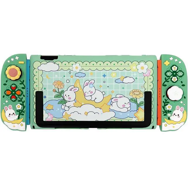 Alt view image 4 of 7 - Protective Case for Nintendo Switch 2, Hard Back Shell + 2 Silicone Anti-Slip Controller Covers + 2 Joystick Caps, Rabbit and Flower Cover, Green