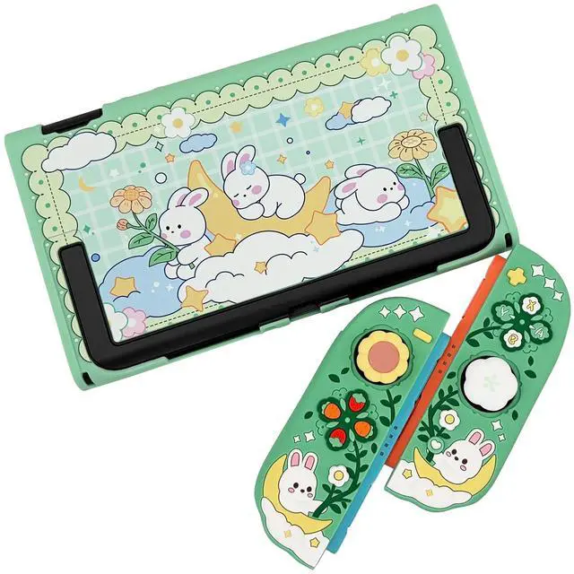 Alt view image 5 of 7 - Protective Case for Nintendo Switch 2, Hard Back Shell + 2 Silicone Anti-Slip Controller Covers + 2 Joystick Caps, Rabbit and Flower Cover, Green