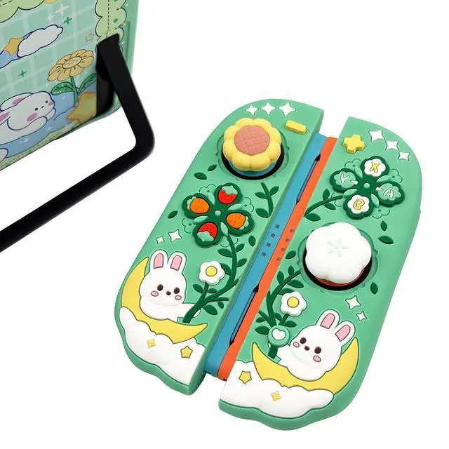 Alt view image 7 of 7 - Protective Case for Nintendo Switch 2, Hard Back Shell + 2 Silicone Anti-Slip Controller Covers + 2 Joystick Caps, Rabbit and Flower Cover, Green