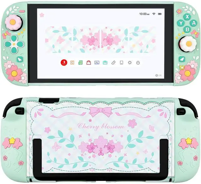 Main image of Cute Cherry Blossom Protective Case for Switch 2 (2025), 2 Ergonomic Soft Silicone Controller Grips, Hard Shell, 2 Thumb Grip Caps, Mint Green