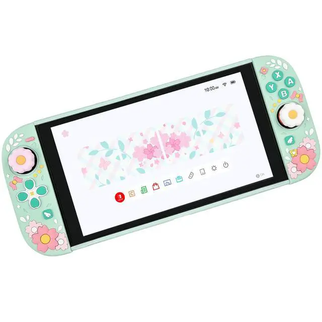 Alt view image 3 of 7 - Cute Cherry Blossom Protective Case for Switch 2 (2025), 2 Ergonomic Soft Silicone Controller Grips, Hard Shell, 2 Thumb Grip Caps, Mint Green