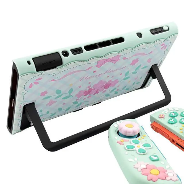 Alt view image 5 of 7 - Cute Cherry Blossom Protective Case for Switch 2 (2025), 2 Ergonomic Soft Silicone Controller Grips, Hard Shell, 2 Thumb Grip Caps, Mint Green