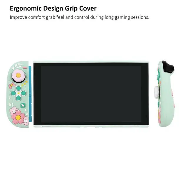Alt view image 6 of 7 - Cute Cherry Blossom Protective Case for Switch 2 (2025), 2 Ergonomic Soft Silicone Controller Grips, Hard Shell, 2 Thumb Grip Caps, Mint Green