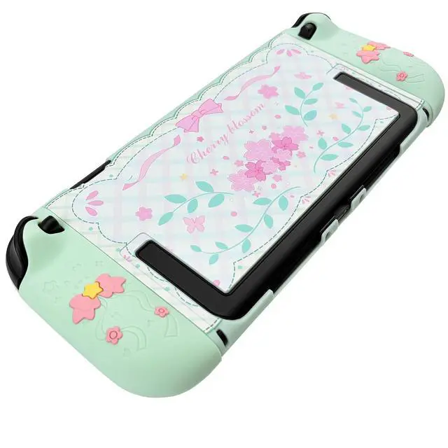 Alt view image 4 of 7 - Cute Cherry Blossom Protective Case for Switch 2 (2025), 2 Ergonomic Soft Silicone Controller Grips, Hard Shell, 2 Thumb Grip Caps, Mint Green