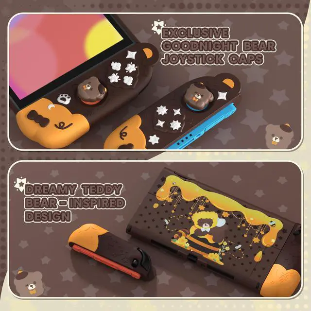 Alt view image 6 of 7 - Good Night Bear Dockable Case for Nintendo Switch 2 with Stand | Split Design Silicone Joycon Grips, PC Console Hard Shell, 2 Joystick Caps | Cute Protective Cover Bundle Brown