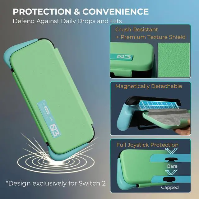 Alt view image 2 of 7 - FoldeX Switch 2 Grip Case with Detachable Flip Cover- Turquoise/Mint