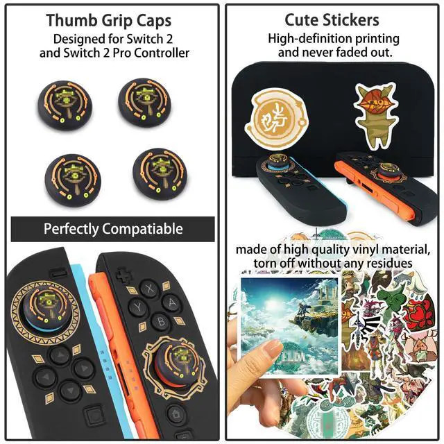 Alt view image 4 of 6 - Carrying Case Accessories Bundle for Switch 2 2025, Portable Travel Case with Protective Cover, Screen Protectors, 4 Thumb Grip caps and Cute Stickers, Black