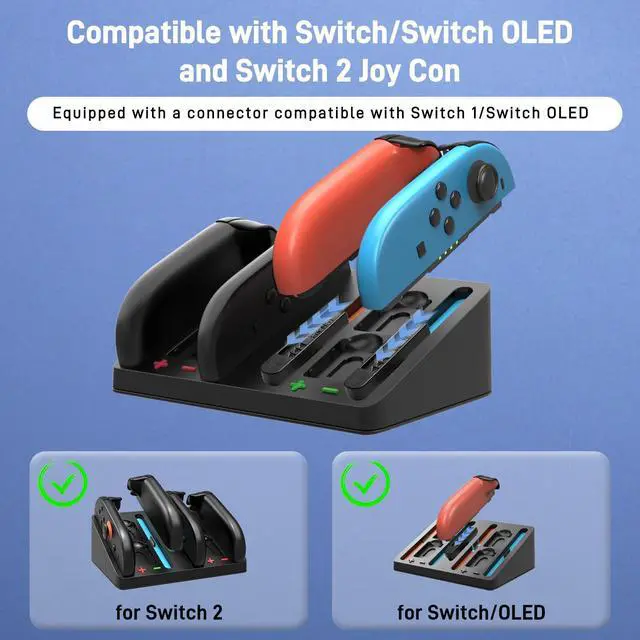 Alt view image 2 of 7 - Charging Dock for Nintendo Switch 2 & 1 Controller | 4 in 1 Magnetic Secure Charger for Joy-Con 2 & Controllers | with 4 Game Card Slots & Organized Storage