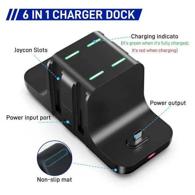 Alt view image 4 of 7 - 6 in 1 Controller Charger Dock for Nintendo Switch & OLED & Lite, Charging Station for Joy-Con and Pro Controller with LED Indicator and Type C Charge Cable, Black