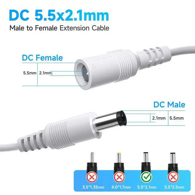 Alt view image 2 of 7 - 10ft 3M DC Power Extension Cable, Premium Pure Copper DC 12V Power Adapter Extension Cord 5.5mm x 2.1mm for CCTV Security Camera/Router/LED Strip Light/Printer/Monitor and More-White