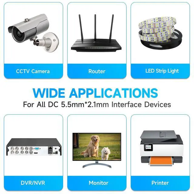 Alt view image 5 of 7 - 10ft 3M DC Power Extension Cable, Premium Pure Copper DC 12V Power Adapter Extension Cord 5.5mm x 2.1mm for CCTV Security Camera/Router/LED Strip Light/Printer/Monitor and More-White