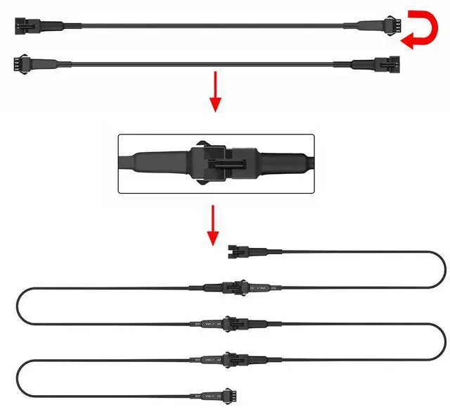 Alt view image 4 of 7 - 4PC 36in/90CM RGB LED Extension Cable With 2pcs 1-2 way spiltter Y cable,Rock Light Extension Wire,Neon Underglow Wire Cable Extension Kit for ATV Car Motorcycle Accent Light Strips Rock Lights