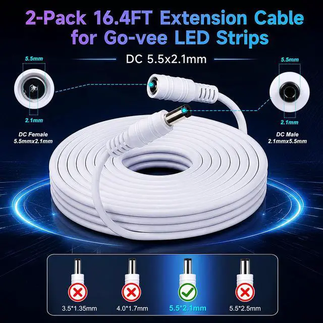Alt view image 3 of 7 - 2Pack 16.4FT DC Power Extension Cable for Govee LED Strip Lights,Home Decor