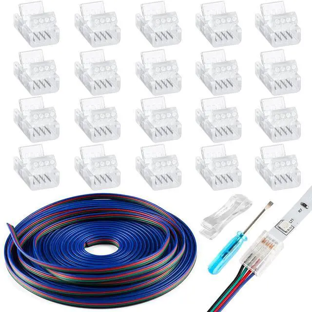 Main image of 20Pcs 4Pin 10mm LED Strip Connectors Solderless with 16.4ft Extension Cable
