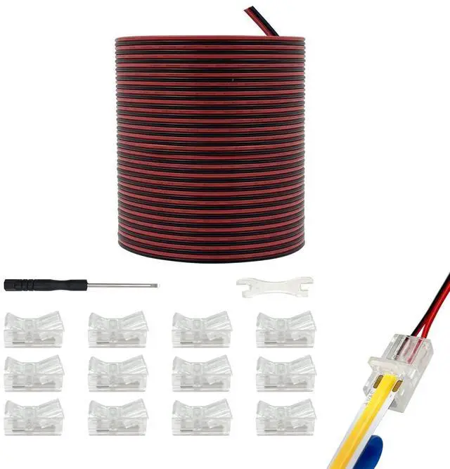 Main image of 10mm COB LED Strip Light Connectors Strip to Wire Solderless Transparent Track Lighting kit Adapter Connection, with 6M/19.68ft Led Wire Extension Cable for 5050 Led Tape 12/24V (2 Pin, 10mm)