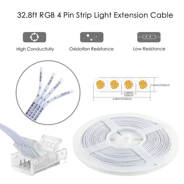Alt view image 5 of 7 - 4 Pin 10mm LED Strip Connector Kit 32.8ft 4 Pin RGB Extension Wire and 5 Pcs 4 Pin LED Strip to Wire Connectors for 10mm IP20/IP65 5050 3528 SMD RGB LED Strip Light
