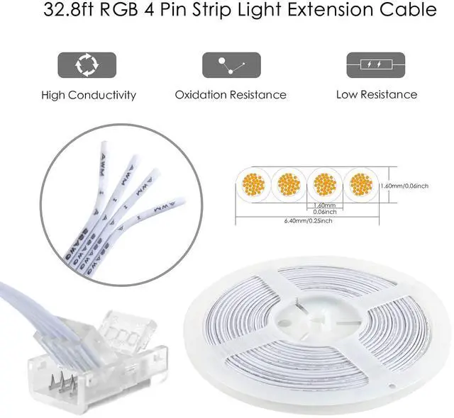 Alt view image 5 of 7 - 10Pcs 4 Pin 10mm LED Strip Connectors and 32.8FT 4 Pin RGB Extension Cable Strip to Wire Quick Connection for 10mm Wide Waterproof or Non-Waterproof SMD RGB 5050 LED Strip Light(IP20/IP65)
