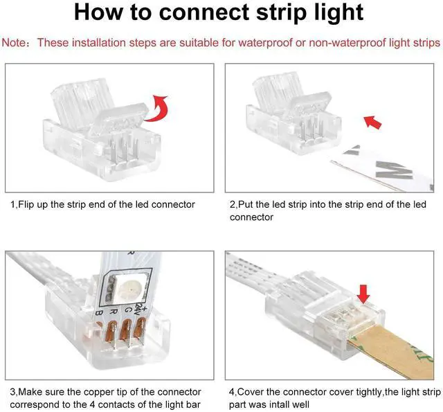 Alt view image 6 of 7 - 10Pcs 4 Pin 10mm LED Strip Connectors and 32.8FT 4 Pin RGB Extension Cable Strip to Wire Quick Connection for 10mm Wide Waterproof or Non-Waterproof SMD RGB 5050 LED Strip Light(IP20/IP65)