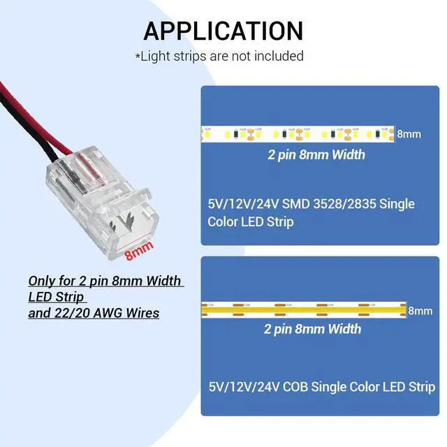 Alt view image 3 of 7 - COB LED Connector for 8mm 2 Pin COB LED Strip Lights, 20 Pack Strip to Wire Solderless Transparent Track Lighting Connector with 6M/19.68ft LED Extension Cable for 5V, 12V, 24V LED Strip Lights