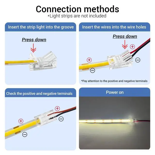 Alt view image 4 of 7 - COB LED Connector for 8mm 2 Pin COB LED Strip Lights, 20 Pack Strip to Wire Solderless Transparent Track Lighting Connector with 6M/19.68ft LED Extension Cable for 5V, 12V, 24V LED Strip Lights