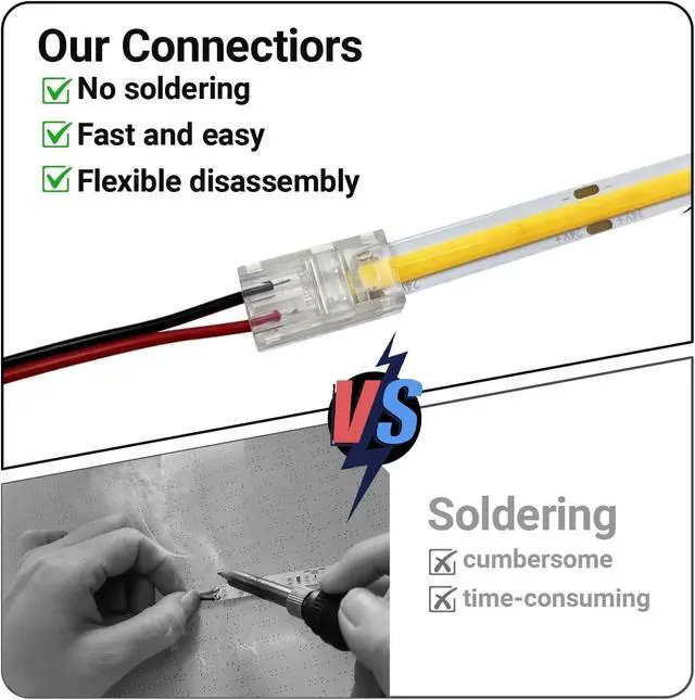 Alt view image 6 of 7 - COB LED Connector for 8mm 2 Pin COB LED Strip Lights, 20 Pack Strip to Wire Solderless Transparent Track Lighting Connector with 6M/19.68ft LED Extension Cable for 5V, 12V, 24V LED Strip Lights