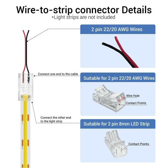 Alt view image 5 of 7 - COB LED Connector for 8mm 2 Pin COB LED Strip Lights, 20 Pack Strip to Wire Solderless Transparent Track Lighting Connector with 6M/19.68ft LED Extension Cable for 5V, 12V, 24V LED Strip Lights