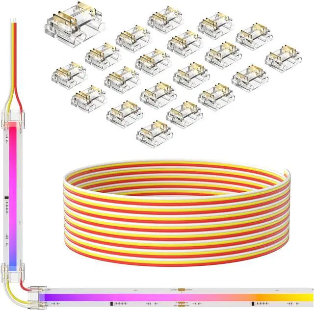 Main image of 12mm Connectors for 3-Pin RGB Smart IC COB LED Strip Lights Jumper Connection,20pcs Strip to Wire Connectors,10ft(305cm) 22AWG Extension Wires for Solderless Connection,5V 12V 24V Strip Lights