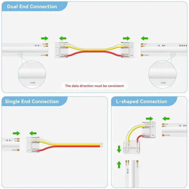 Alt view image 2 of 7 - 12mm Connectors for 3-Pin RGB Smart IC COB LED Strip Lights Jumper Connection,20pcs Strip to Wire Connectors,10ft(305cm) 22AWG Extension Wires for Solderless Connection,5V 12V 24V Strip Lights