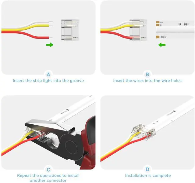 Alt view image 5 of 7 - 12mm Connectors for 3-Pin RGB Smart IC COB LED Strip Lights Jumper Connection,20pcs Strip to Wire Connectors,10ft(305cm) 22AWG Extension Wires for Solderless Connection,5V 12V 24V Strip Lights