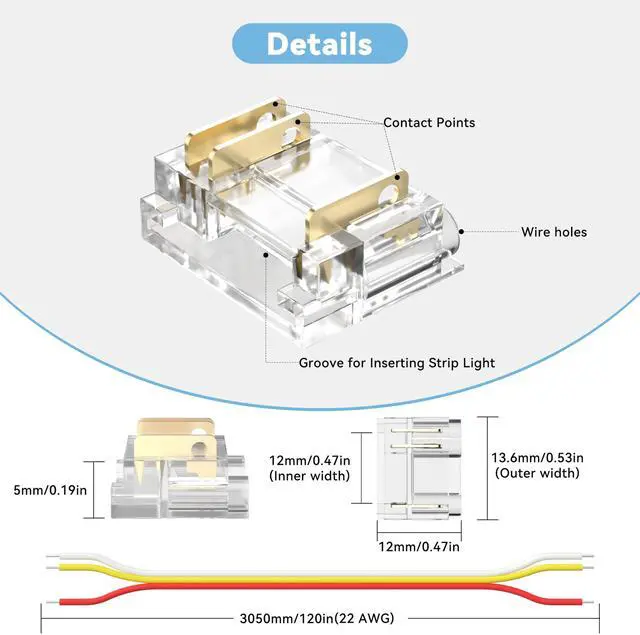 Alt view image 6 of 7 - 12mm Connectors for 3-Pin RGB Smart IC COB LED Strip Lights Jumper Connection,20pcs Strip to Wire Connectors,10ft(305cm) 22AWG Extension Wires for Solderless Connection,5V 12V 24V Strip Lights