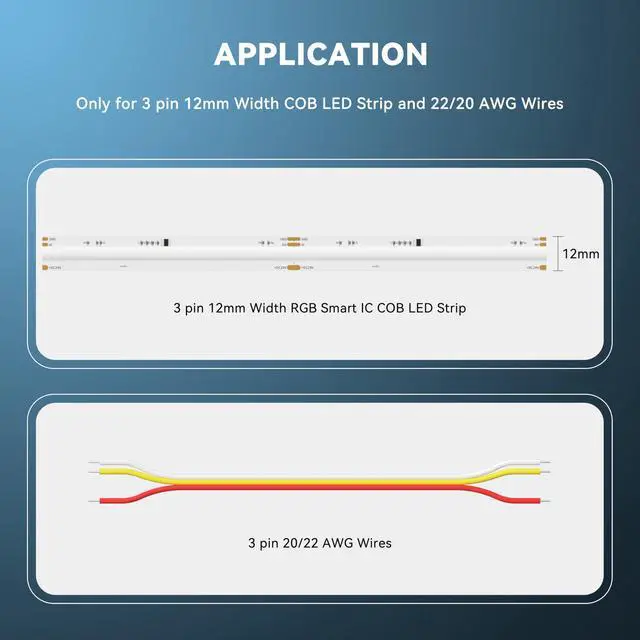 Alt view image 3 of 7 - 12mm Connectors for 3-Pin RGB Smart IC COB LED Strip Lights Jumper Connection,20pcs Strip to Wire Connectors,10ft(305cm) 22AWG Extension Wires for Solderless Connection,5V 12V 24V Strip Lights
