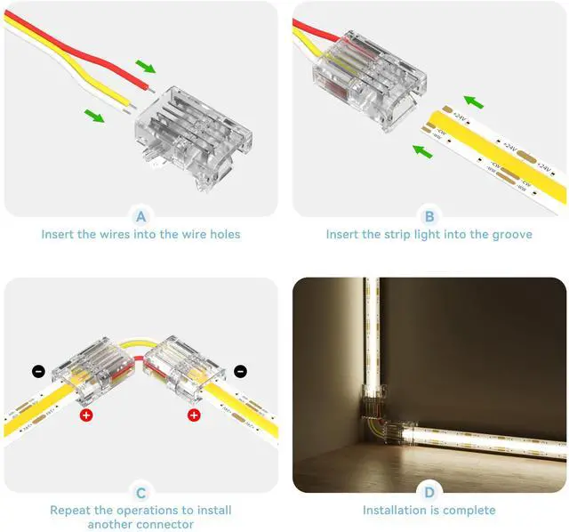 Alt view image 5 of 7 - 10mm Connectors for 3-Pin CCT COB LED Strip Lights,20pcs Strip to Wire Connectors,10ft(305cm) Long 22AWG Extension 3 Wires for Non-Wired Gapless Solderless,5V 12V 24V LED Strip Lights Jumper