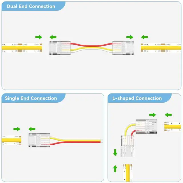 Alt view image 2 of 7 - 10mm Connectors for 3-Pin CCT COB LED Strip Lights,20pcs Strip to Wire Connectors,10ft(305cm) Long 22AWG Extension 3 Wires for Non-Wired Gapless Solderless,5V 12V 24V LED Strip Lights Jumper