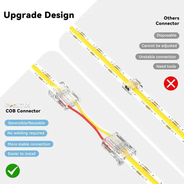 Alt view image 4 of 7 - 10mm Connectors for 3-Pin CCT COB LED Strip Lights,20pcs Strip to Wire Connectors,10ft(305cm) Long 22AWG Extension 3 Wires for Non-Wired Gapless Solderless,5V 12V 24V LED Strip Lights Jumper