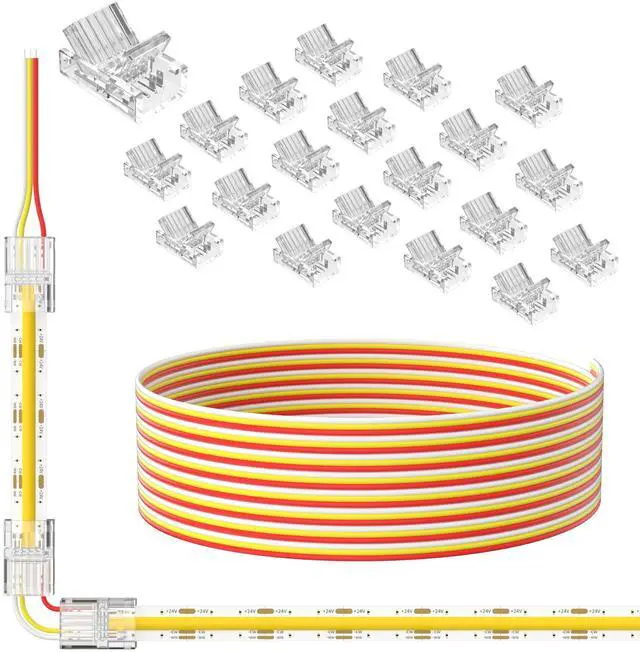 Main image of 10mm Connectors for 3-Pin CCT COB LED Strip Lights,20pcs Strip to Wire Connectors,10ft(305cm) Long 22AWG Extension 3 Wires for Non-Wired Gapless Solderless,5V 12V 24V LED Strip Lights Jumper