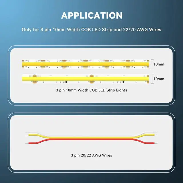 Alt view image 3 of 7 - 10mm Connectors for 3-Pin CCT COB LED Strip Lights,20pcs Strip to Wire Connectors,10ft(305cm) Long 22AWG Extension 3 Wires for Non-Wired Gapless Solderless,5V 12V 24V LED Strip Lights Jumper