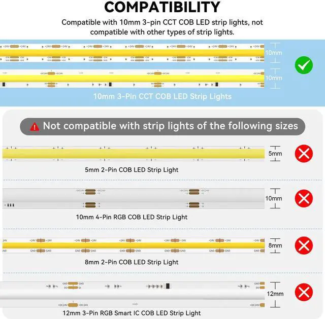 Alt view image 7 of 7 - 10mm Connectors for 3-Pin CCT COB LED Strip Lights,20pcs Strip to Wire Connectors,10ft(305cm) Long 22AWG Extension 3 Wires for Non-Wired Gapless Solderless,5V 12V 24V LED Strip Lights Jumper