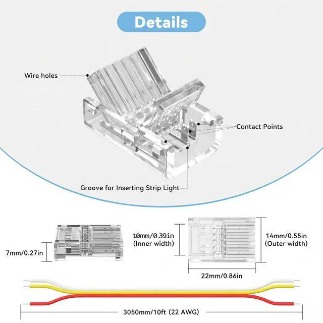 Alt view image 6 of 7 - 10mm Connectors for 3-Pin CCT COB LED Strip Lights,20pcs Strip to Wire Connectors,10ft(305cm) Long 22AWG Extension 3 Wires for Non-Wired Gapless Solderless,5V 12V 24V LED Strip Lights Jumper